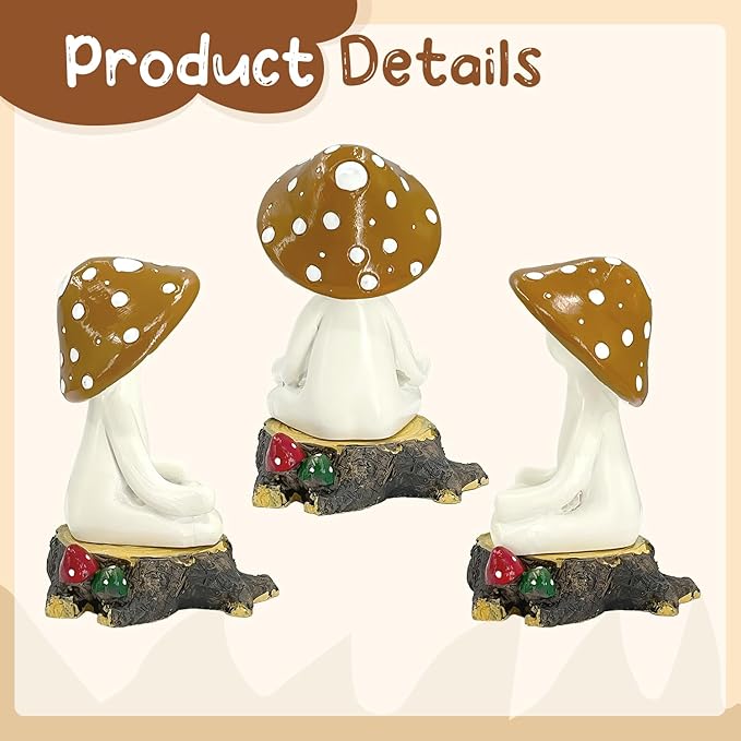 Meditation Mushroom Decor Resin Statue and Stump - Adorable Resin Ornament for Desk, Office, or Garden Display, Mushroom Garden Decoration