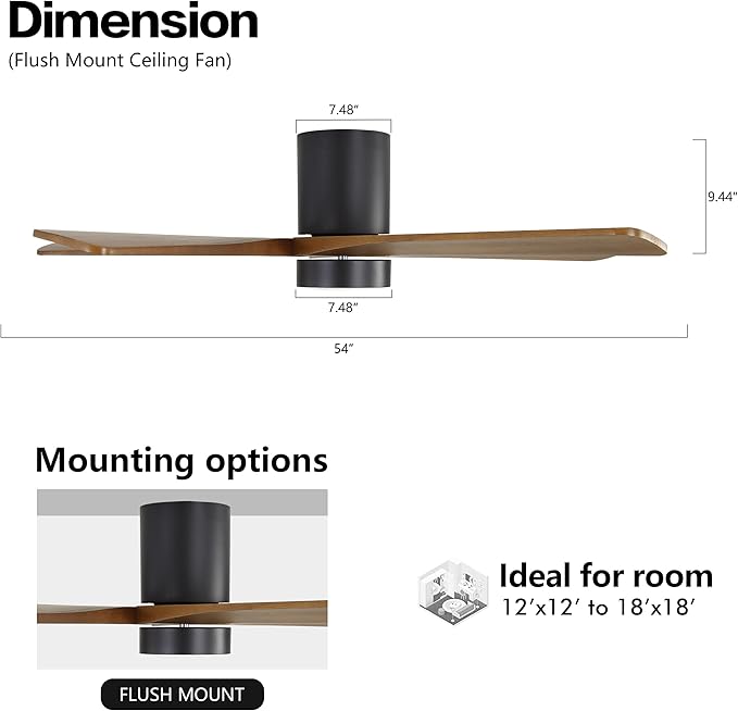 WINGBO 54 Inch Flush Mount DC Ceiling Fan with Lights and Remote, 5 Reversible Carved Wood Blades, 6-Speed Noiseless DC Motor, Hugger Ceiling Fan in Matte Black Finish with Walnut Blades, ETL Listed