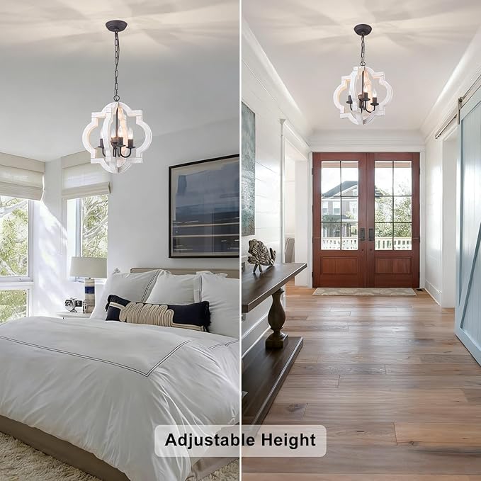 16" Oak Farmhouse Chandeliers for Dining Room Light Fixture Orb Distressed White Wood Pendant Light Kitchen Chandeliers Over Table Ceiling Hanging Light for Island Living Room Bedroom Entryway Foyer