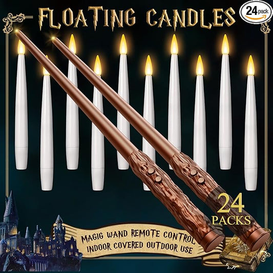 24 Pack Floating Candles with Wand Remote -Christmas Hanging Candle,Magic Flameless Taper Candles Floating Lights Gifts for Halloween Decorations Wedding Birthday Party Decor