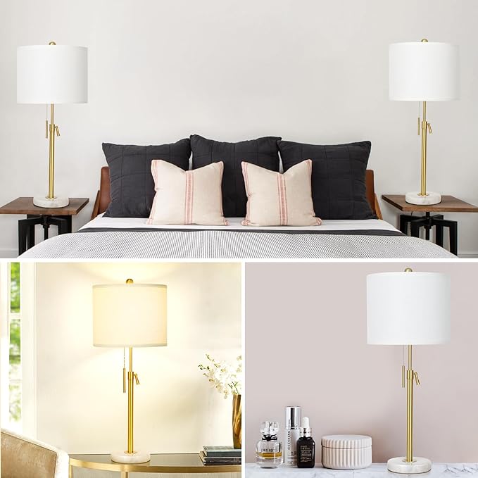 Gold Table Lamp Set of 2, 22-30" Height Adjustable Modern Nightstand Lamps with Marble Base and Pull Chain Switch for Living Room Bedroom, Office, Bedside Table, Farmhouse