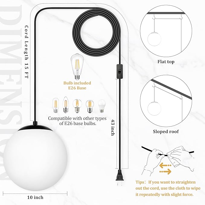 KoKo&Yukina 10" Globe Pendant Light Black Plug in Pendant Light Adjustable Hanging Lights with Plug in Cord Matte Black Finished with Milk Glass Lampshade for Bedroom Kitchen Island（Bulb Included）