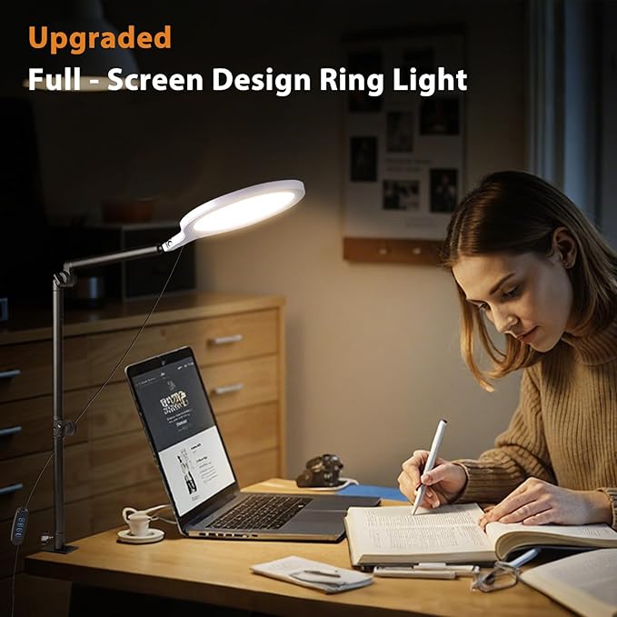 Desk Ring Light, 10" LED Ring Light for Desk with Clamp, 360°Rotate & Flexible Height Full-Screen Overhead Ringlight for Video Recording, TikTok, YouTube, Live Streaming, Content Creation
