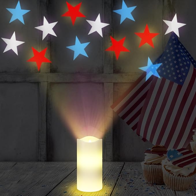 Baquler 4th of July Flameless Candles Patriotic Candles Projector Lights Colorful LED Candle Battery Operated Night Light with Remote and Timer Indoor Bedroom Decor