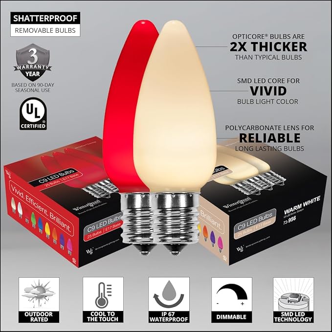 Wintergreen Lighting 100 C9 OptiCore LED Commercial Outdoor Christmas Lights – Heavy Duty Christmas String Lights; Green Wire (100 ft, Red/Warm White Smooth/Opaque)