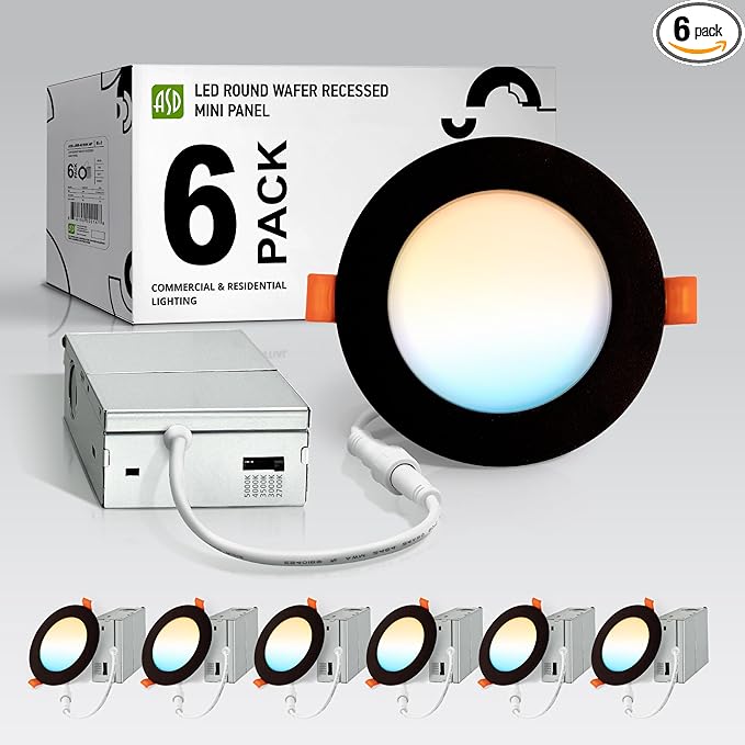 ASD 6 Pack LED Recessed Lighting 4 Inch 9W, 5 CCT 2700K-5000K CRI90+, IC Rated Ultra Thin Dimmable Ceiling Lights with J Box, Canless Wafer Downlight, Round Slim Panel Light, Energy Star ETL, Black