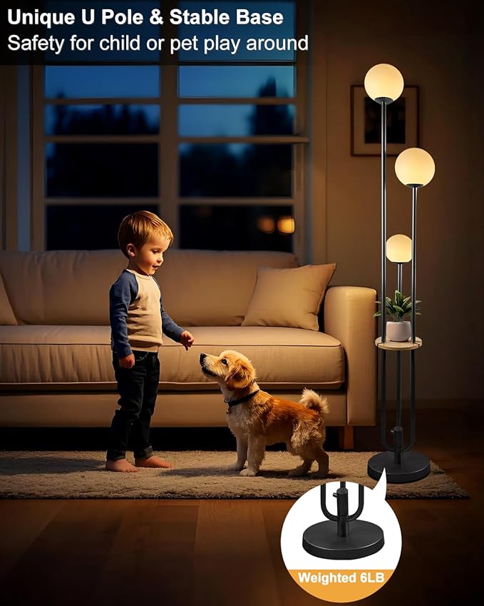 63IN Dimmable Floor Lamp with Shelf, Unique Globe Black Tall Standing Lamps Candle Holder Style, 3000K Warmwhite Mid Century Modern Floor Lamp for Living Room Home Office(Bulbs Included)