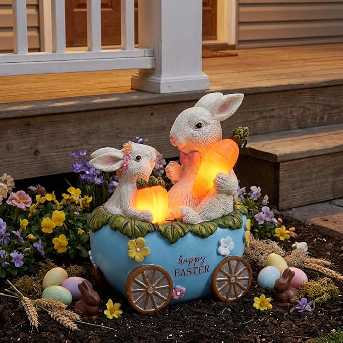 TERESA'S COLLECTIONS Easter Decorations Outdoor with Solar Lights, Easter Bunny and Egg Decor Outdoor, Waterproof Resin Lighted Garden Statue