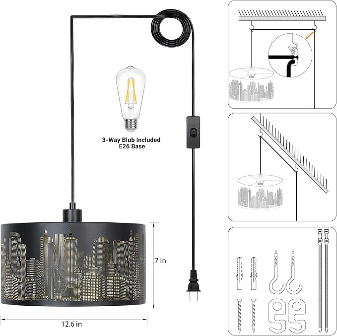 Plug in Pendant Light,Hollowed-Out City Hanging Lamp with 14Ft Plug in Cord, Rustic Farmhouse Pendant Lights for Kitchen Dining Room Bedroom Entryway, with 3-Way Dimmable Bulb (City)