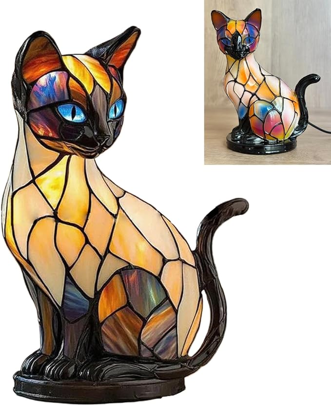 Cat Lamp, Stained Glass Cat Lamp, Decorative Resin LED Night Light for Cat Lovers, USB Vintage 3D Table Lamp Cozy Glow for Desk & Mantel – Fun Gift for Pet Owners (Siamese Cat A)