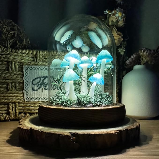 Mushroom Lamp, Decor LED Light in Glass Dome with Base for Home Bedroom Decor Birthday with Birthday Valentines Anniversaries Gifts Box (Blue-01)