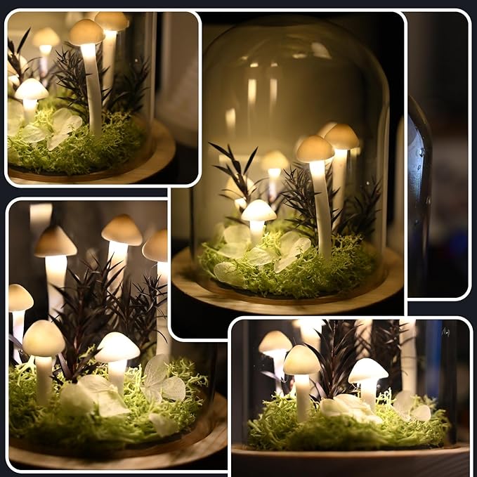 DIY Mushroom Lamp Kit – Handmade Mushroom Night Light with Glass Dome, Terrarium-Style Jungle Atmosphere Night Light with Faux Moss & Wooden Base for Bedroom, Home Decor, Gifts for Women & Kids