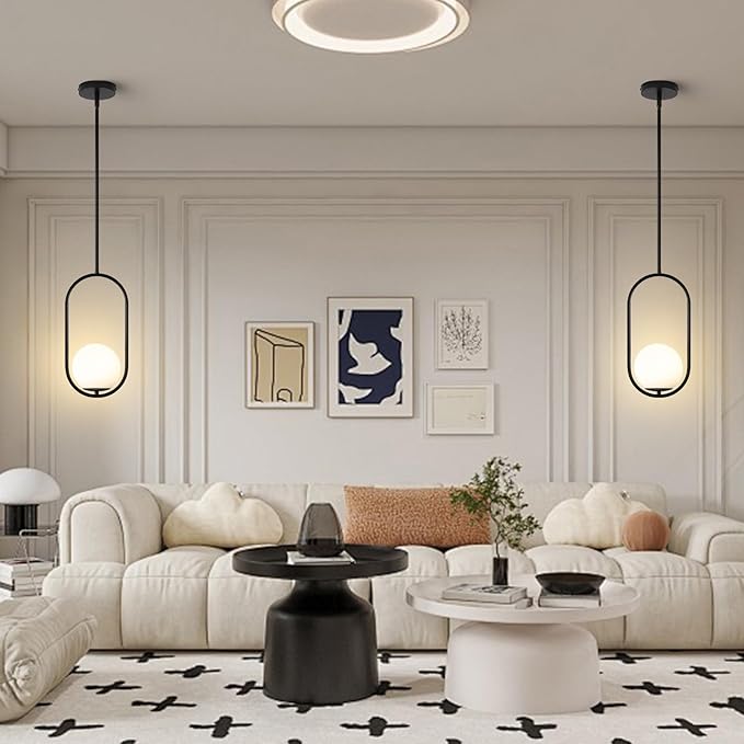 Yunnix 1-Light Modern Black Globe Pendant Lights Kitchen Island | Milk Glass Hanging Lamp for Kitchen Island, Dining Room, Bedroom, Living Room (Bulb Not Included)