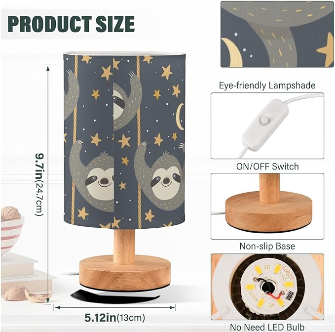 Cute Sloth Picking Stars Navy Blue Bedside Table Lamps with USB Port for Bedroom Lamp Accent Table Lamp Small Nightstand Lamp Sturdy Linen Shade Wooden Decorative Lamps for Kids|Reading|Dorm|Home