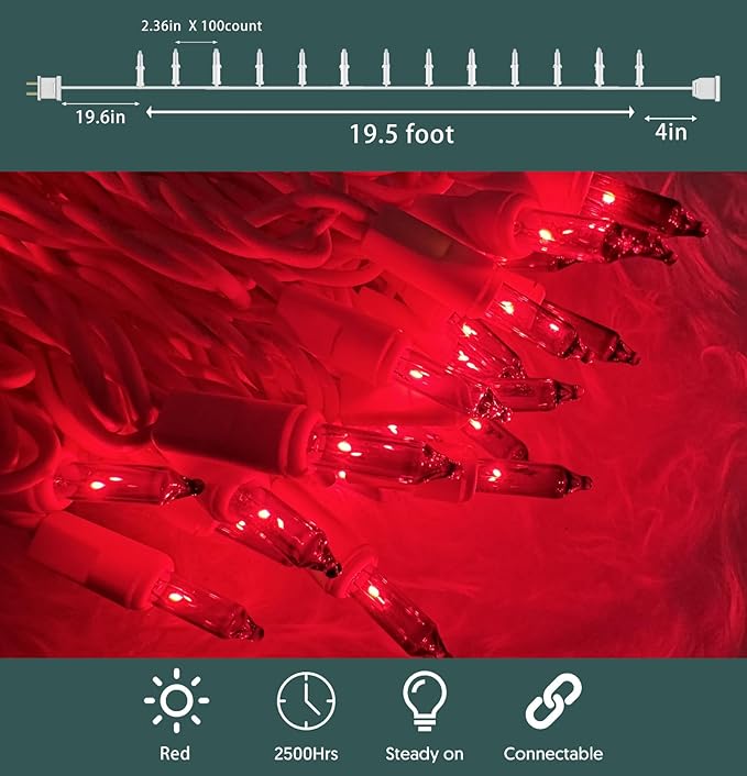 HISHINY Christmas Lights 100 Count Red Christmas Tree String Lights with White Wire for Outdoor Indoor Christmas Decorations Wedding Decorations Valentines Day Decor,UL Certified (21feet)
