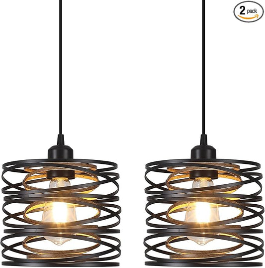 Pendant Lights Kitchen Island - Metal Hanging Light Fixtures Wood Farmhouse Pendant Lighting for Dining Room Bedroom Bar Office, Industrial Black, 2 Pack - ETL Certified