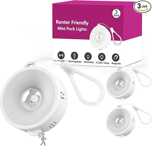 2" Rechargeable Mini Puck Lights w/Lanyard, Renter Friendly Magnetic Stick On Battery Operated Lights, Wireless Motion Sensor Light Indoor for Closet, Wall, Shelves, Kitchen, Locker - 3Pack/White