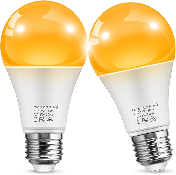 L LOHAS LED Sleep aid Amber Light Bulbs, Blue Light Blocking, A19 9W(60 Watt Equivalent) Dim Light Bulbs, 1800K Warm Light Bulb, E26 Base, 2 Pack