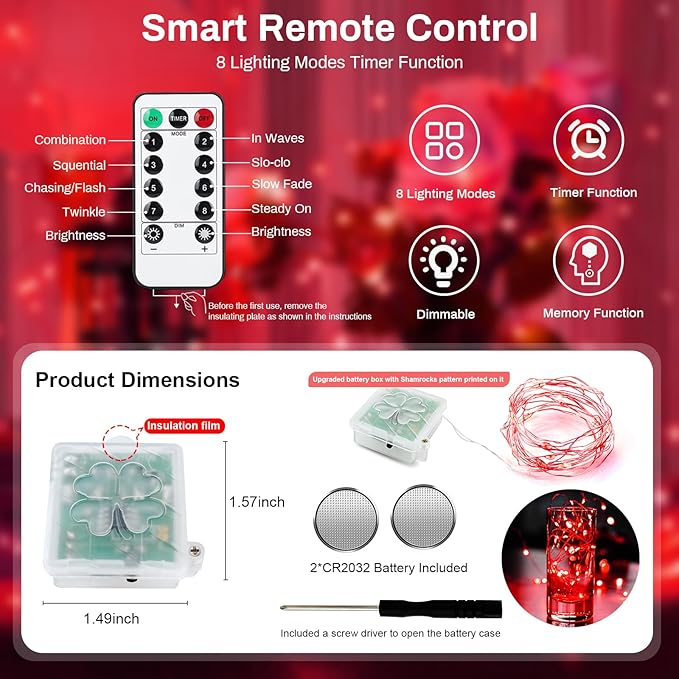 ZGWJ 6 Pack Fairy Lights Battery Operated with Remote, 7ft 20 LED Mini Fairy String Lights with Timer 8 Lighting Modes Waterproof for Halloween Christmas Tree DIY, Parties, Bedroom Decorations Red