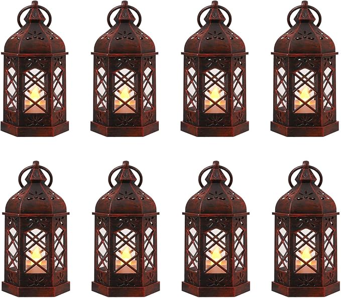 LLQ 8Pack Mini Lantern Decorative for Ramadan & Wedding, Small Vintage Moroccan Lantern with Flickering LED Candle for Halloween Table Centerpieces, Enchanted Forest Medieval Decor, Hanging Ornament