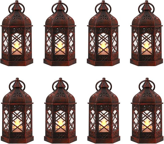 LLQ 8Pack Mini Lantern Decorative for Ramadan & Wedding, Small Vintage Moroccan Lantern with Flickering LED Candle for Halloween Table Centerpieces, Enchanted Forest Medieval Decor, Hanging Ornament