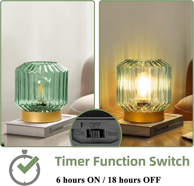Battery Operated Lamp with Timer, Cordless Lamps for Areas No Outlets, Decorative LED Small Lamp with Original Vintage Lantern Design, Glass Mood Light for Entryway, Bedroom,Bathroom (Green)