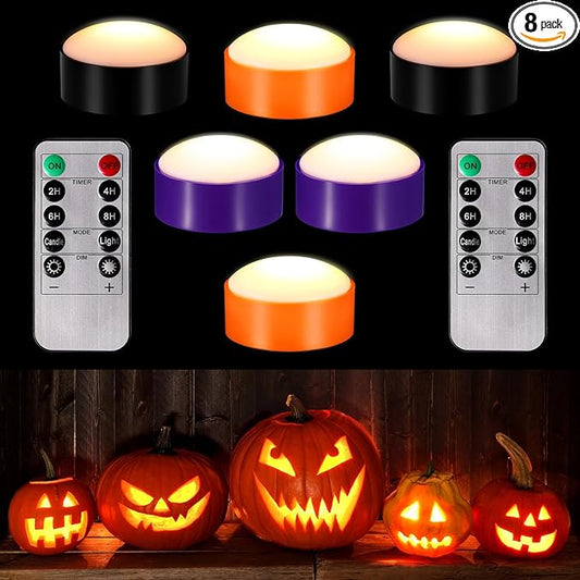 Riakrum 6 Pieces Remote Timer LED Lights with Remote LED Pumpkin Lights Battery Operated Lantern Bright Flameless Candle(Orange Purple, Black)