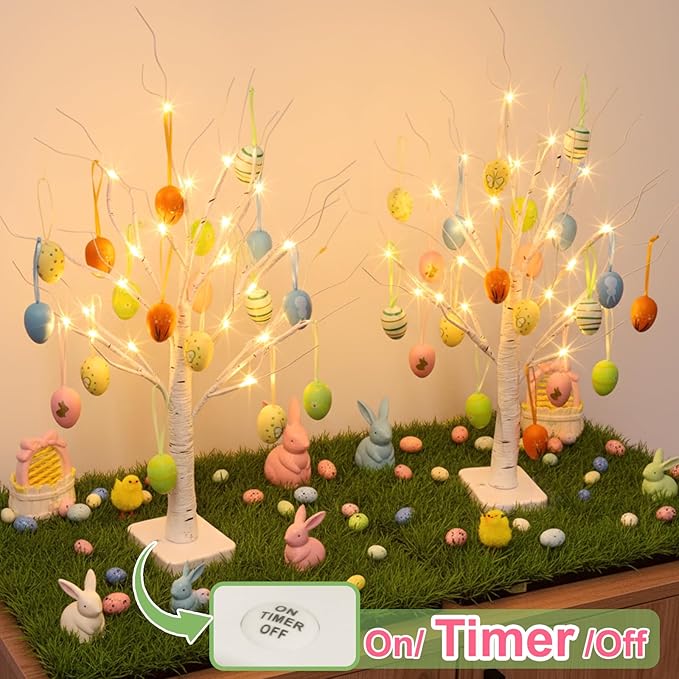 EAMBRITE Easter Decorations, Easter Egg Tree with 36 pcs Eggs Ornaments, Lighted White Birch Tree with Timer Battery Powered, for Home Tabletop Centerpiece Spring Indoor Decorations (2 Pack 24 LED)
