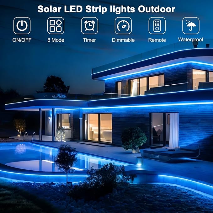 Upgrade Solar Led Strip Lights Outdoor, 20ft Solar Rope Lights Self-Adhesive Waterproof, 8 Mode with Remote Timer and Auto On/Off, Perfect for Deck, Patio, Poolside, Camping Decor, Blue