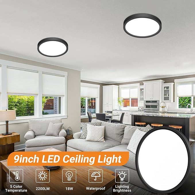 slochi 8Pack LED Flush Mount Ceiling Light Fixture, 9 Inch 18W, 2200LM, Super Slim 0.7 Inch, 3000K-6500K Adjustable Low Profile LED Ceiling Lights for Bathroom, Closet, Hallway(Black)