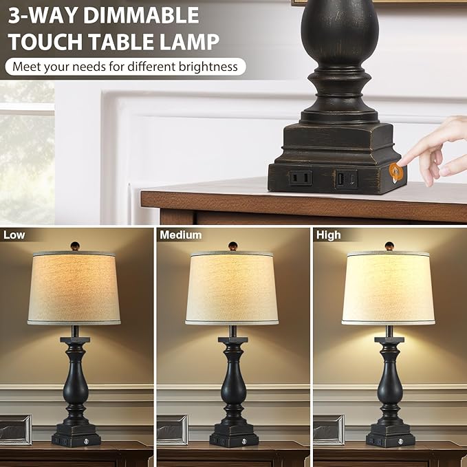 28" Tall Farmhouse Table Lamps Set of 2 with USB C+A Ports and AC Outlet, 3 Way Touch Control Rustic Bedside Lamp for Bedroom, Black Vintage Nightstand Lamp for Living Room Office