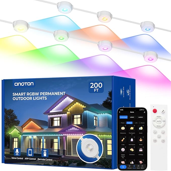 CINOTON Permanent Outdoor Lights Pro 200ft, Smart RGBCW Eaves Lights with 120 LEDs, IP67 Waterproof, 111 Scene Modes for Daily and Festival, Halloween Christmas Holiday Decor, APP/Voice/Remote Control
