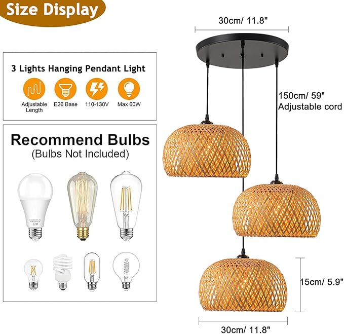 Rattan Chandelier Lighting 3-Light Wicker Pendant Light Bohemia Hand Woven Bamboo Shades Vintage Mid Century Pendant Lights for Kitchen Island Farmhouse Dining Table