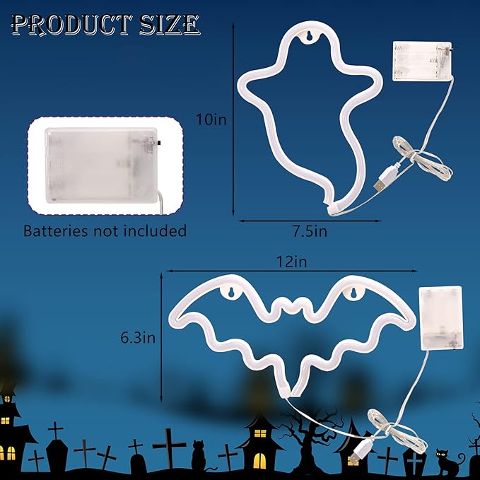 2 Pack Halloween Decoration LEDs Neon Sign Light Ghost Neon Sign Bat Lights Neon Signs Hanging Neon Signs for Halloween Party Decorations Indoor Home Window Decorations(Batteries Not Included)