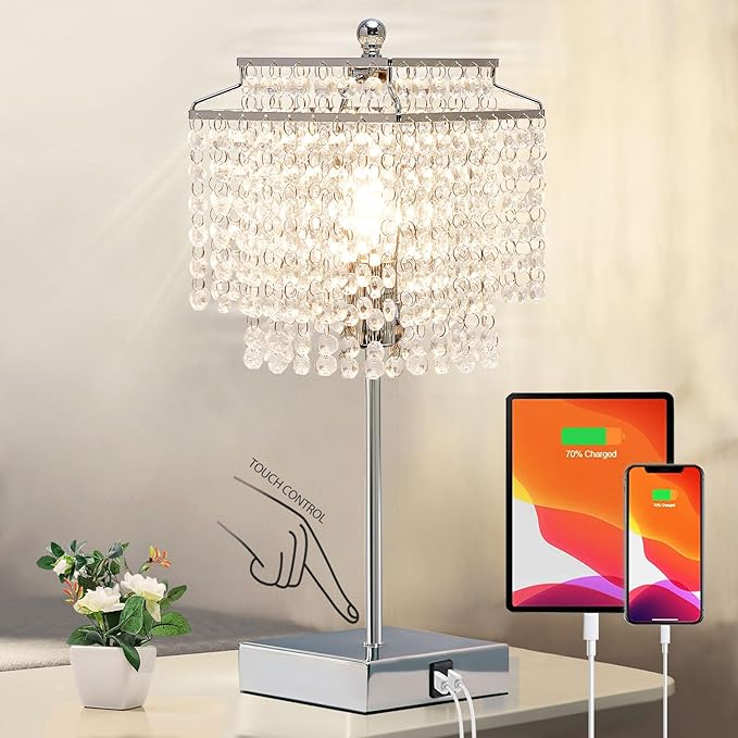Touch Crystal Table Lamp Silver, Bedside Lamp with USB C+A Ports, Dimmable Nightstand Lamp with Crystal Shade, Bedroom Lamp for Girls Bedroom, Living Room, Bulb Included