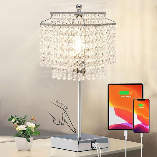 Touch Crystal Table Lamp Silver, Bedside Lamp with USB C+A Ports, Dimmable Nightstand Lamp with Crystal Shade, Bedroom Lamp for Girls Bedroom, Living Room, Bulb Included