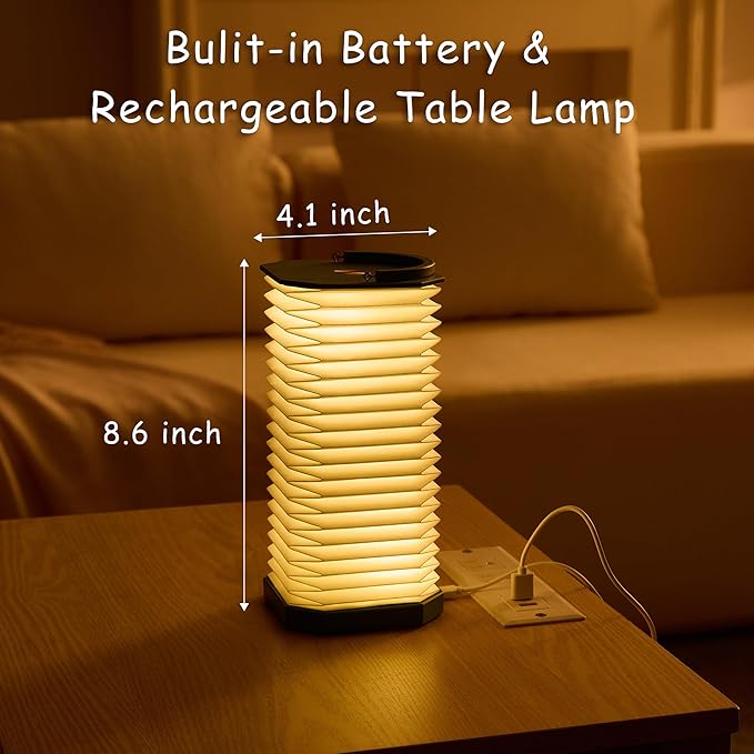 Paper Lamp House Warming Gifts, Portable Cordless Foldable Small Bedside Lamp, Retro Green Accordion Desk Lamp, Paper Lantern Lights 1200mAh, Japanese Gifts Collapsible Pleated Wireless lamp