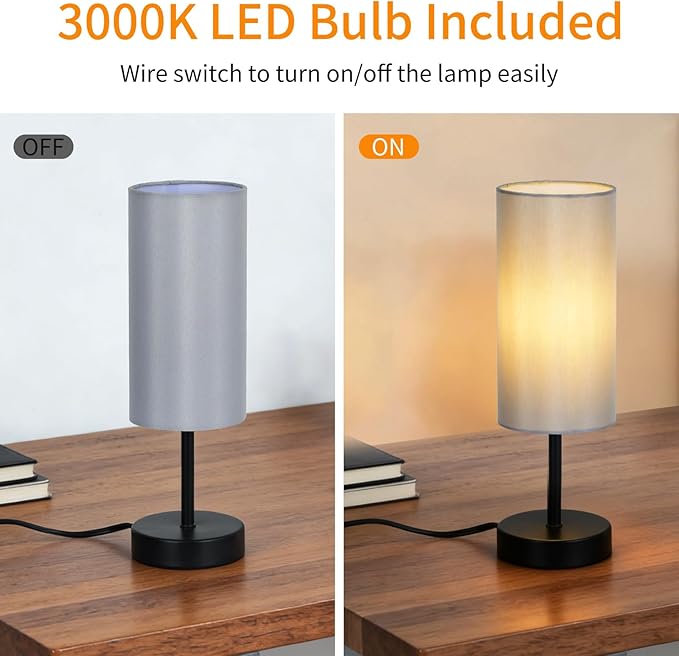 2 Pack Small Table Lamps for Bedroom, Bedside Lamps for Nightstand with Wire Switch, Minimalist Modern Desk Lamps with Linen Fabric Shade for Kids Room Living Room Office Dorm, Bulb Included