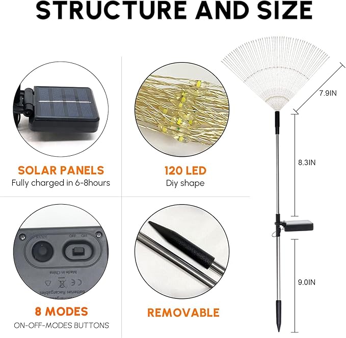 Solar Garden Firework Lights Outdoor Waterproof, 6 Pack Solar Powered Art Stake Twinkle Lighting for Outside Decor, 120 LED Sparklers String Lights for Yard Pathway Decorations(White)