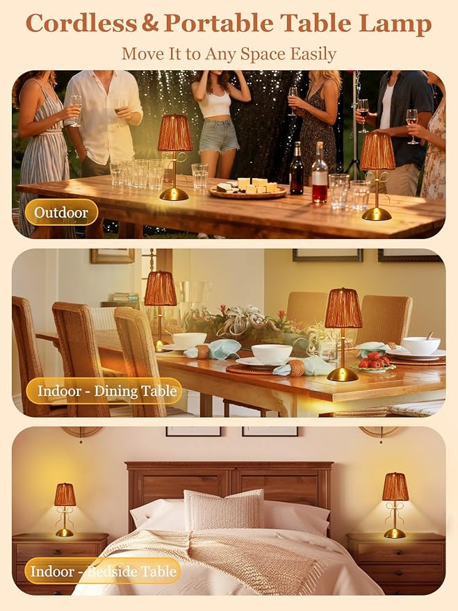 Boho Bow Rattan Table Lamp, Cordless Wicker Woven Vintage Table Lamp - LED Rechargeable Touch Control 3 Color Dimmable Reading Bedside Lamp for Bedroom Living Room Office, Home Outdoor Decor