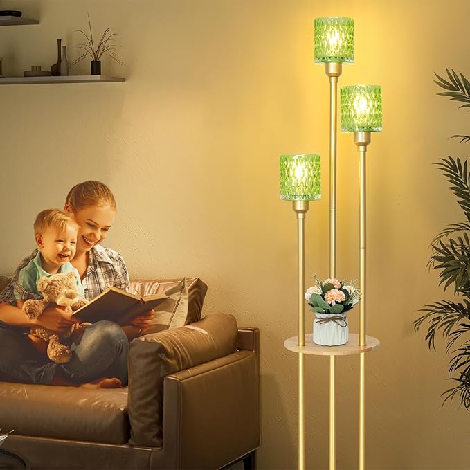 HMVPL Vintage Floor Lamp with Shelves, Gold Floor Lamp with Table, Mid Century Standing Lamp with Green Glass Shade, On/Off Switch, Boho Corner Lamp for Living Room, Brass Tall Lamp for Bedroom Office