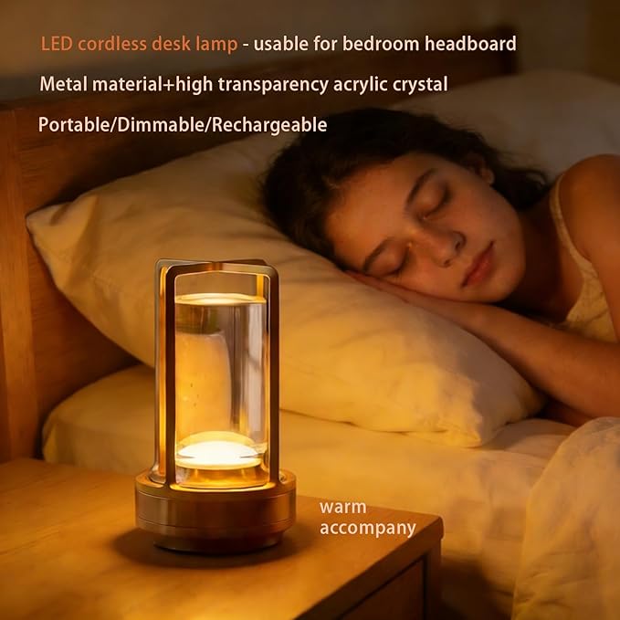 Cordless Table Lamp Rechargeable Portable Metal Touch Small Desk Lamp,Indoor/Outdoor Battery Operated LED Night Light,3Color Stepless Dimming Crystal Lantern Suitable bedrooms,Bars,cafes,Camping,Gold