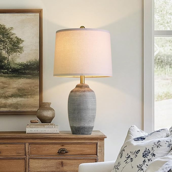 24.5" Vintage Ceramic Table Lamp - Single Farmhouse Rustic Bedside Lamp with Natural Textured Finish, Nightstand Lamps for Living Room, Bedroom, End Table, Office Dark Grey
