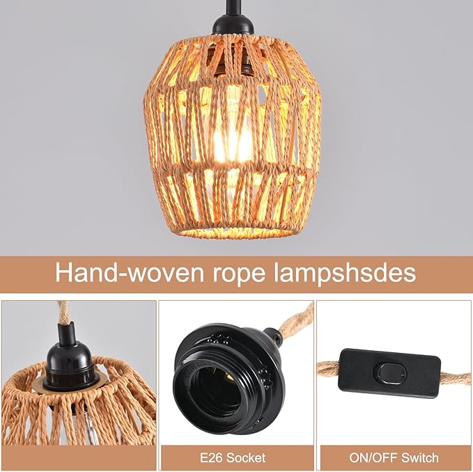 Plug in Pendant Light, Industrial Hanging Light with Plug in Cord Hemp Rope On/Off Switch Farmhouse, Vintage Pendant Light Fixture, Hanging Lamps for Dining Room