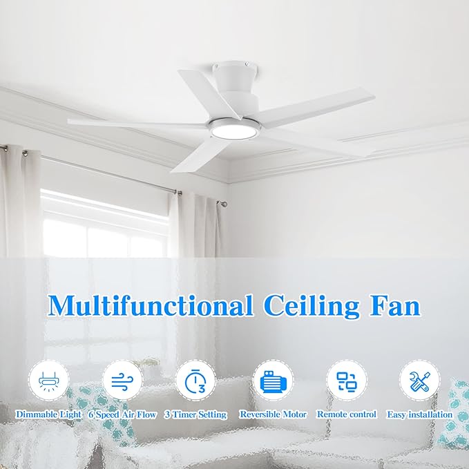 ocioc 44 inch Ceiling Fans with Lights and Remote, Dimmable Ceiling Fans with Reversible Quiet DC Motor, Flush Mount, 3CCT, White Ceiling Fan for Bedroom Living room Indoor/Outdoor