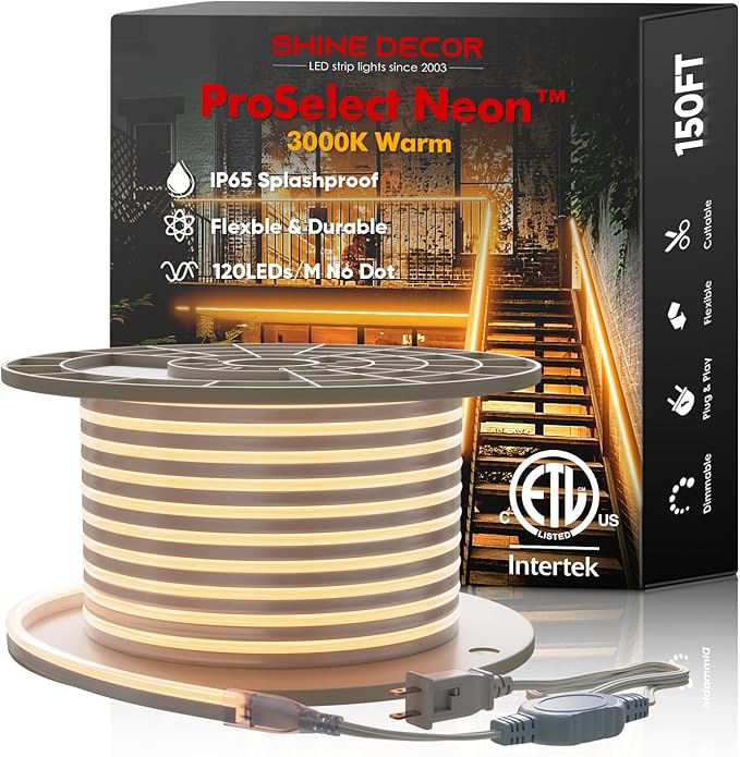 Shine Decor LED Neon Rope Lights AC 120V, ETL-Listed Flexible 120LEDs/M Dotless Strip Lighting, Custom Cuttable & IP65 Waterproof for Indoor Outdoor, 7x14.5mm, 3000K Warm White, 150FT