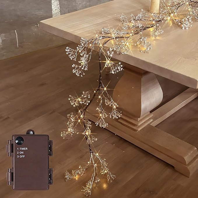 Hairui Lighted Baby Breath Flower Garland Battery Operated with Timer 48L Warm White LED 6FT, Artificial Gypsophila Vine Lights for Thanksgiving Christmas Decor Indoor Outdoor Use