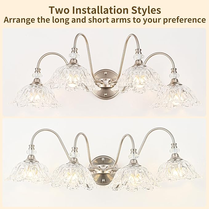 Brushed Nickel Bathroom Vanity Light, 4-Light Vanity Light with Floral Clear Glass Shades, Brushed Nickel Wall Mount Lighting for Bathroom, Dressing Table