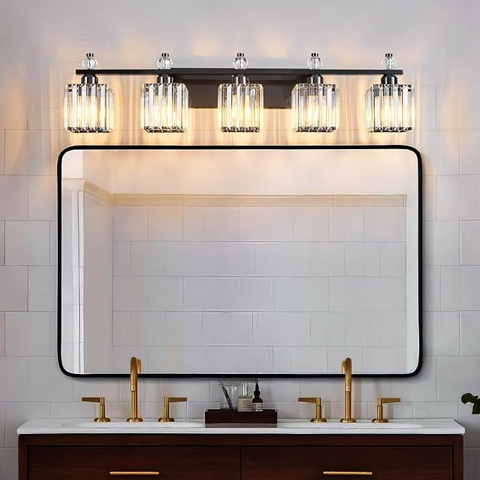 Vanity Lights 5-Light Modern Crystal Vanity Light Plating Black Bathroom Light Fixtures Over Mirror Crystal Bathroom Vanity Lighting Fixtures