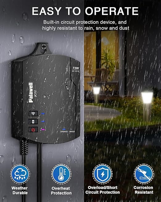 72W WiFi Low Voltage Landscape Transformer, Outdoor Landscape Light Transformer with Timer, 120V AC to 12V DC Low Voltage Transformer for Pathway Lights, Smart App/Voice Control/Remote K11